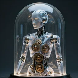 portrait of humanoid robot from ex machina, transparency, transparent, glass dome, see - through, gears and lights, cinematography by stanley kubrick, intricate, elegant
