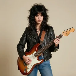 19-year-old girl, thick black shaggy hair, wearing leather jacket and denim jeans, holding electric guitar, stoner rock, super 8mm, 1973