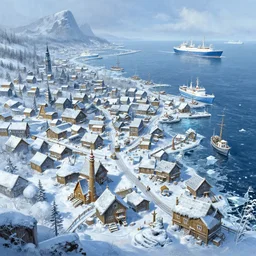 Icy port city near the ocean, wooden buildings, trade hub, icebreaker ships a fantasy digital painting by Greg Rutkowski and James Gurney, trending on Artstation, highly detailed