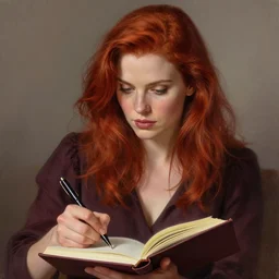 portrait of a auburn hair, female, red wine, in heightened detail, poised, writing in journal, detailed facial expression, 8 k, hyperrealistic, detailed surroundings, intricate, elegant, highly detailed, centered, digital painting, cgsociety, concept art, smooth, sharp focus, illustration, by ( ross tran ), wlop