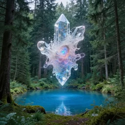mystical and magical evergreen forest with a clear blue lake in a clearing where an abstract nebula crystal sculpture is floating above it, powerful, ethereal, vaporwave