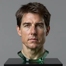 studio photograph of hyperrealistic accurate portrait sculpture of tom cruise, beautiful symmetrical!! face accurate face detailed face realistic proportions, made of green colored glass on a pedestal by ron mueck and matthew barney and greg rutkowski, hyperrealism cinematic lighting shocking detail 8 k