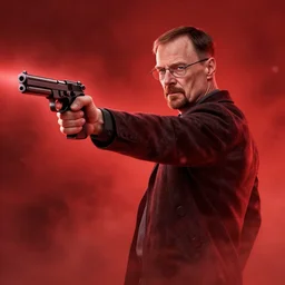 walter white coming out of a red mist pointing gun at me, epic, trending on artstation, profile pic, centered, accurate anatomy, highly detailed, digital art,