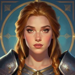 front facing symmetrical centered painted portrait, just one head, Imogen Poots as a D&D Paladin, RPG character avatar, Blizzard concept art, pixar, dreamworks, global illumination lighting, trending on artstation, by lois van baarle, ilya kuvshinov, rossdraws, Mucha