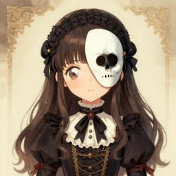 a cute girl with skeleton mask on her face in victorian outfit, illustration, 8 k, by roby dwi antono, by daiyou uonome, by mark ryden