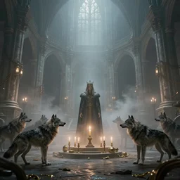 king of the wolves - fantasy, inside the king's hall wolves and their treasures, ethereal, ominous, misty, 8 k, by h. r. giger and greg rutkowski