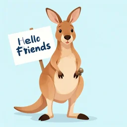 a kangaroo holding a sign that says hello friends