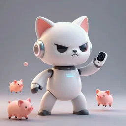 product photo of a futuristic cute grumpy robot pet, asymmetric minimalistic cute, by artgerm and greg rutkowski and marc newson and zaha hadid, alphonse mucha, samsung apple webcam, matte glossy materials, neon, kitten puppy pig. flowing dancing pose. three quarter view, volumetric light, detailed, octane render, midsommar