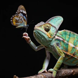 photo of a chameleon reaching for a butterfly with his tongue, sharp, dramatic lighting, intense, incredibly detailed, studio, 85mm Sigma Art lens