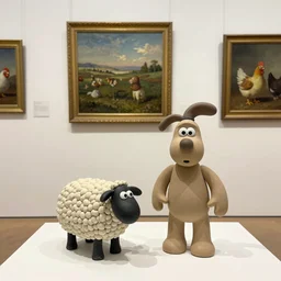 wallace and gromit visit a gallery, clay, paintings of sheep, paintings of chickens, photorealistic