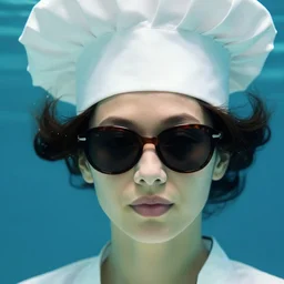 close up women portrait, chef hat on top of head, wearing sunglasses, under water, 8 k, art station, greg rutkowski, alphonse mucha, roger deakins, wlop