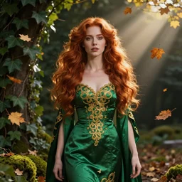 portrait of a red haired woman wearing a green satin dress with fine gold filigree, autumn leaves falling, dramatic volumetric lighting, god rays, global illumination, soft, sharp focus, ivy, masterpiece, moss, trending on artstation, concept art by artgerm and Alphonse Mucha and Ryan Lang