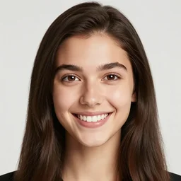 a beautiful girl from minnesota, brunette, joyfully smiling at the camera opening her brown eyes. thinner face, irish genes, dark chocolate hair colour, wearing university of minneapolis coat, perfect nose, morning hour, plane light, portrait, minneapolis as background. healthy, athletic, in her early 2 1