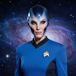 Portrait of an Asari from Mass Effect, blue, as a Starfleet officer, Starfleet uniform, stars, nebula, sparkling, bokeh, 50mm, highly detailed by Paul Lehr