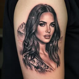 creative double exposure effect tattoo design sketch of megan fox with beautiful mountains, realism tattoo, in the style of andrey lukovnikov, amazing detail, sharp