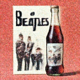 an advertisement for a beatles soda, with the beatles pasted on the packaging, soda bottle with a small illustration of the beatles pasted on the packaging.
