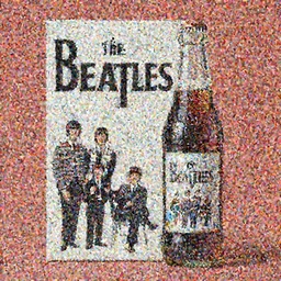 an advertisement for a beatles soda, with the beatles pasted on the packaging, soda bottle with a small illustration of the beatles pasted on the packaging.