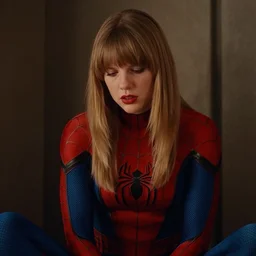 tailor swift as spiderman ( 2002 ), cinestill 800t, cinematic shot, sad scene, photography