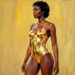 sc - fi exploitation movie poster from 6 0's, african dejah thoris seen from the side, gold bikini armor, acrylic painting, by leyendecker,