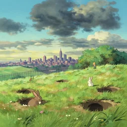 a wholesome animation key shot of a cute empty daytime august landscape with rabbit holes, metal fence and new york city in far distance, dramatic sky, studio ghibli, pixar and disney animation, sharp, rendered in gouache painting, anime key art by frank frazetta, greg rutkowski, by frank frazetta, bloom, dramatic, dynamic lighting