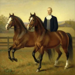 two horses recreating the painting american gothic, by grant wood