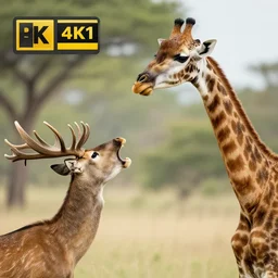 photo of a deer shouting aggressively at a giraffe, giraffe doesn't care, award-winning photograph, national geographic, 8k