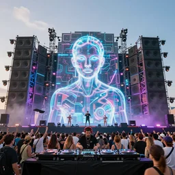hyper-futuristic hologram dj rave from the future. huge music festival. wall of sound. photorealistic 35mm 4k, trending on artstation