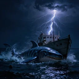 gerald brom, ellen jewett, night time, leviathan sea monster coming out of the water, attacking a boat, night, artgerm, realistic, night, scary, night, lightning, boat, lighting