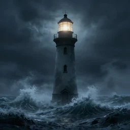 digital lovecraftian art of a lighthouse surrounded by waves. it is night and it is foggy and stormy, trending on artstation