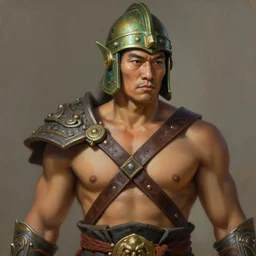 smart tai warlord, closeup portrait, historical, ethnic group, traditional tai costume, bronze headset, fantasy, intricate, with leather armor cross onbare chest, elegant, loin cloth, highly detailed, oill painting, artstation, concept art, matte, sharp focus, illustration, hearthstone, art by earl norem