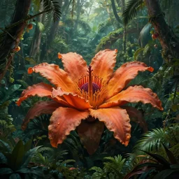 a giant exotic flower in the exotic jungle, landscape, alex ross, david finch, concept art, matte painting, highly detailed, rule of thirds, dynamic lighting, cinematic, detailed, denoised, centerd