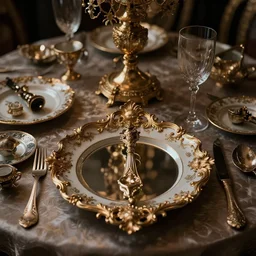 a beautiful table setting of baroque dishes, highly detailed, small details, beautiful, beautiful lighting, cinematic lighting, moody aesthetic, opulent, fancy, high class, luxury, luxurious,