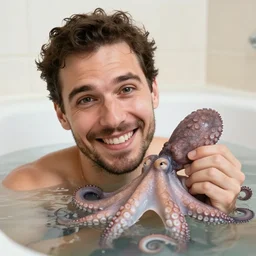 photo of a smiling man looking at the viewer embarrassed because he was caught in the bath with an octopus doing god knows what, highly detailed, facial accuracy, 4 k