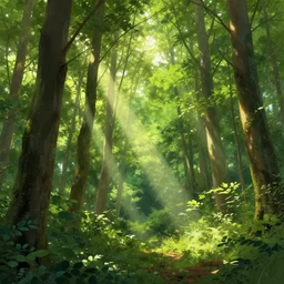 an illustration of a forest, summer, sunrays, trees, lush green forest, very high detail, realistic, dan mumford