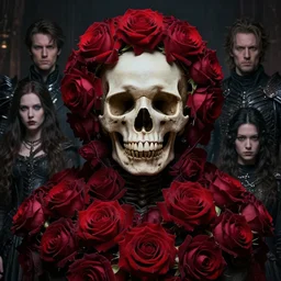 A fancy portrait of a skull wrapped in roses by Greg Rutkowski, Sung Choi, Mitchell Mohrhauser, Maciej Kuciara, Johnson Ting, Maxim Verehin, Peter Konig, Bloodborne, 8k photorealistic, cinematic lighting, HD, high details, dramatic, atmospheric , trending on artstation