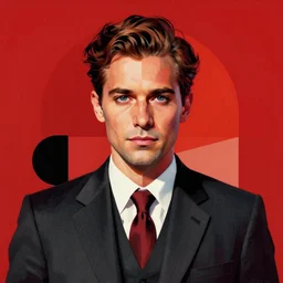 a portrait of a mobster in a suit and tie, a character portrait by tom whalen, bauhaus, poster art, angular, geometric, symmetrical. red color theme. solid background. split personality