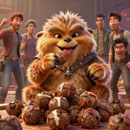 jabba the hutt is eating a pile of meatballs and he is happy about it, Greg Rutkowski, Darek Zabrocki, Karlkka, Jayison Devadas, Phuoc Quan, trending on Artstation, 8K, ultra wide angle, pincushion lens effect.