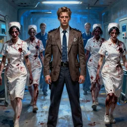young jeremy irons in constantine ( 2 0 0 5 ). police detective in a brown messy suit. world weary, horror, gloomy. grime, dirt, motor oil. bloody zombie nurses hobbling in the dilapidated hospital. blue glow. oil painting, highly detailed, centered, digital painting, artstation, concept art, smooth, sharp focus, illustration, artgerm, tomasz alen kopera, peter mohrbacher, donato giancola, joseph christian leyendecker, zdzisław beksinski, drew struzan, hell demons