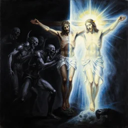 black background. evil and badness attack christ from one side, but from christ's other side emerges light and life. like a prism with light passing through it. christ is the focus of the painting. contrast of evil and good | painting by craig mullins. epic, symbolic mural