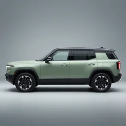 a modern hatchback car side view designed by Rivian, realistic studio photography