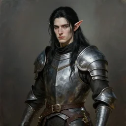 medieval, attractive male elf with pale skin and long black hair, character design, armor, painting by wlop, nixeu and greg rutkowski, beautiful, semirealism, artstation, octane render, sharpness, 8 k, golden ratio