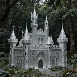 a castle made of silver filigree in a dark forest