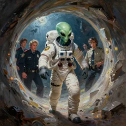 an evil alien astronaut dress as a border patrol officer, entering a quantum wormhole, trending on juxtapoz, trending on artforum, gary baseman, dan mumford, pedro correa, trending on mad magazine, matte sharp painting, character concept design