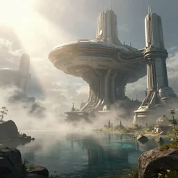 sci - fi space base, space city!! mist, sunrays, dust in the air, unreal engine, octane render, dramatic lighting, lake, ultra clear detailed. digital art, by stanley artgerm lau, greg rutkowski, thomas kindkade, alphonse mucha, loish, norman rockwell