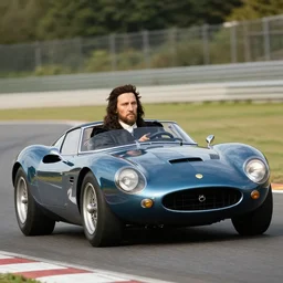 Leonardo de Vinci driving a sports car.