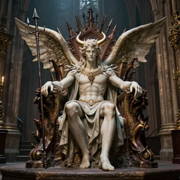 lucifer sitting on hellish throne in victorian era cathedral horns and pitchfork 3 0 mm 4 k ray tracing