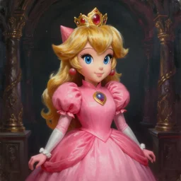 An ultra realistic portrait painting of Princess Peach wearing his pink dress and golden tiara, 4k, Ultrarealistic, Highly Detailed, Dark Fantasy, Epic Lighting
