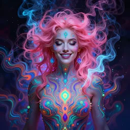 psychedelic [ chemiluminescence ] [ [ [ smiling ] ] ] elegant woman chakra spirit with pink hair smoke and fluid dynamics, colorful, psychedelic, ornate, intricate, digital painting, concept art, smooth, sharp focus, illustration, blacklight reacting, art by artgerm and greg rutkowski