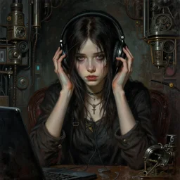 a epic norman rockwell painting portrait of emo girl listening to music in a dark liminal space room, gritty tech, deep focus, fantasy, intricate, elegant, highly detailed, digital painting, artstation, concept art, matte, sharp focus, illustration, dark fantasy style art, resident evil, art by artgerm and greg rutkowski and alphonse mucha