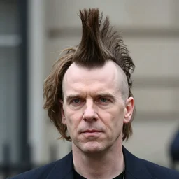 punk man with a tall mohawk has the face of margaret thatcher